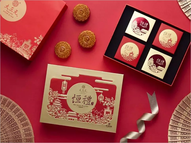 大三元恒禮月餅禮盒包裝設(shè)計，起鼓工藝的精心運用