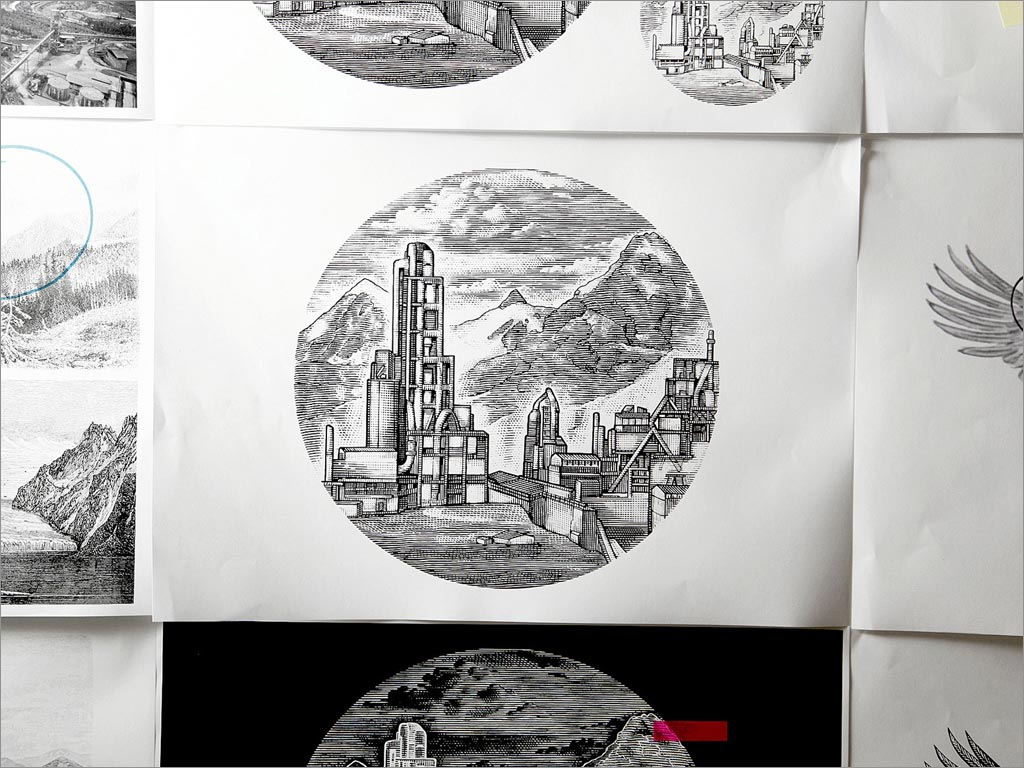 安迪諾水泥品牌logo設(shè)計之logo核心元素工廠與山脈手繪圖