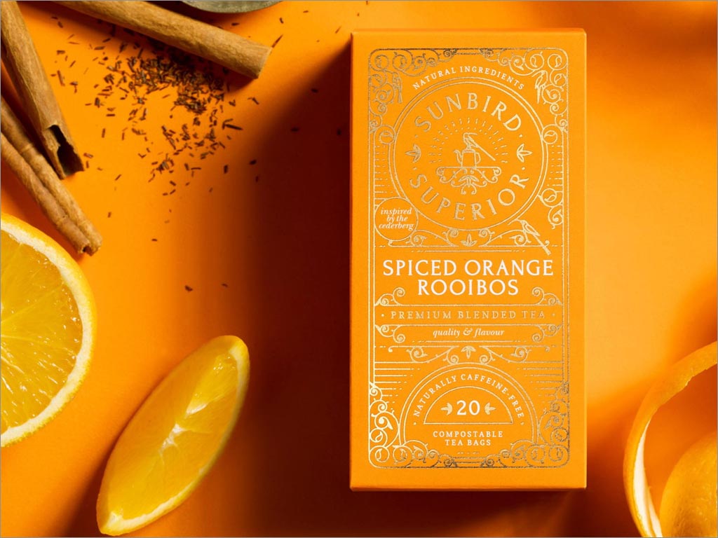 南非Sunbird Rooibos Tea優(yōu)雅的茶葉包裝設計之橙色款